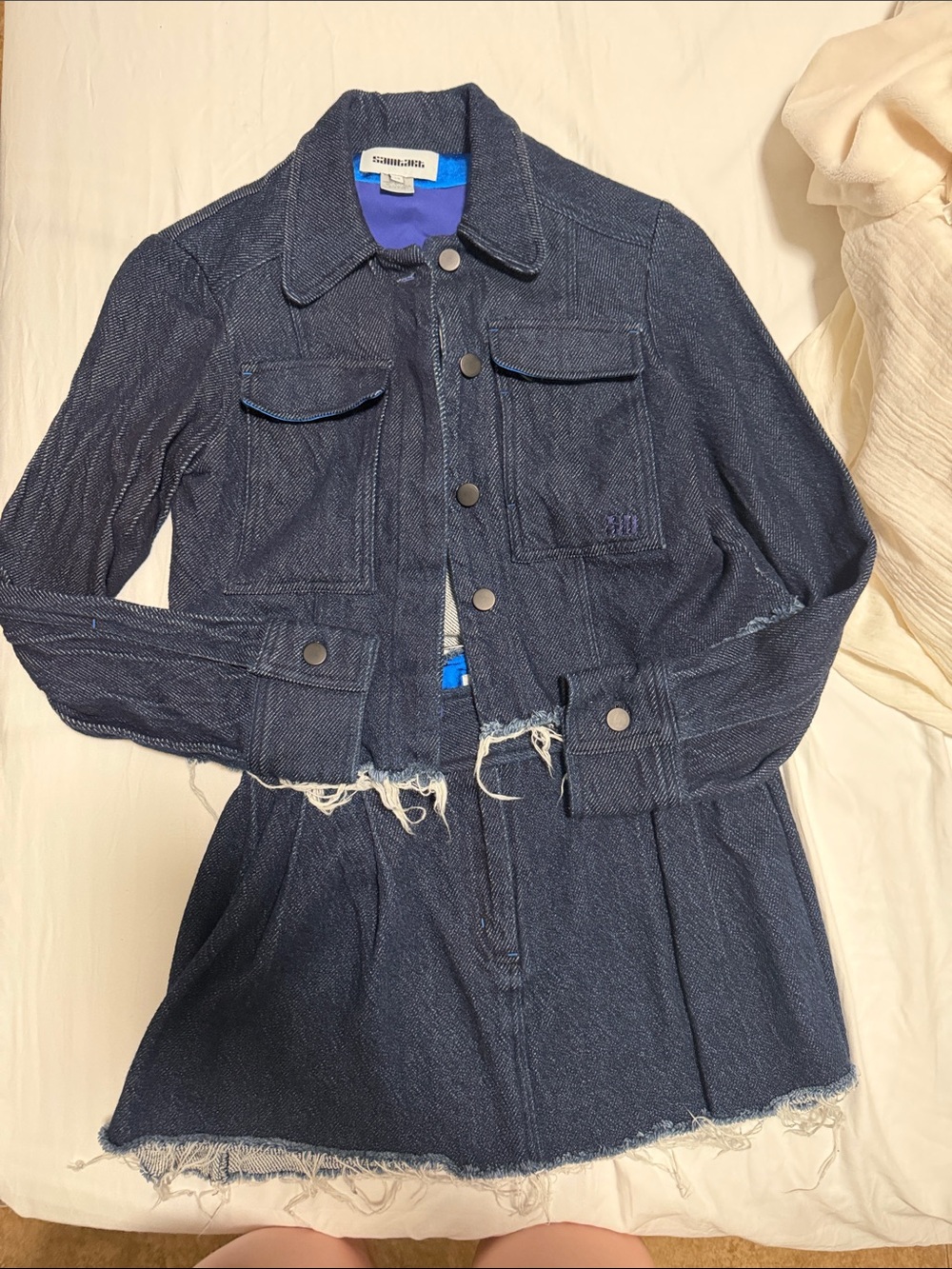 Navy Denim Cropped Jacket with Frayed Hem and mini skirt set